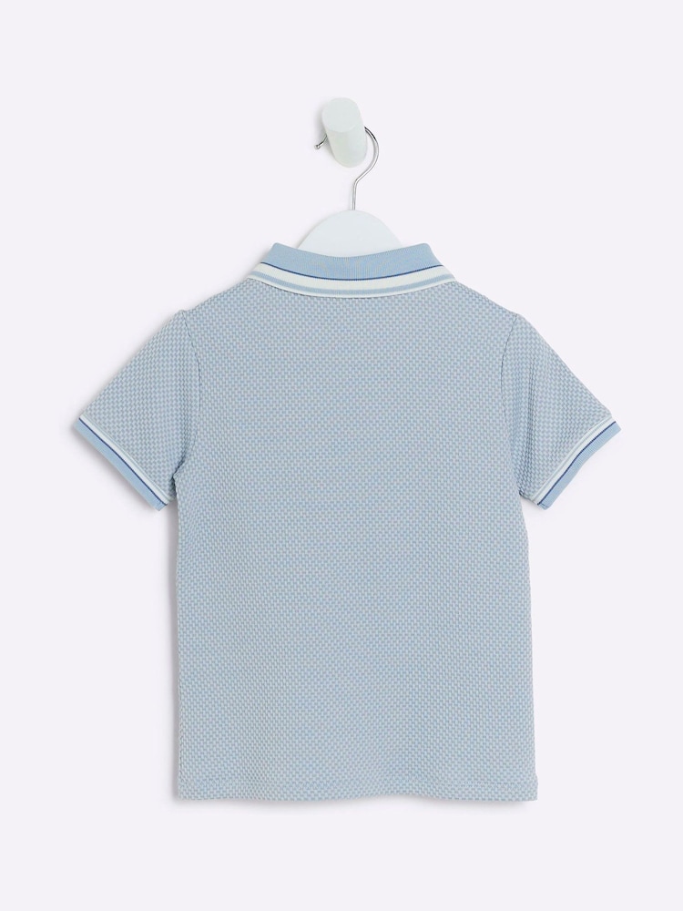 River Island Blue Boys Textured Tipped 100% Cotton Polo Shirt - Image 2 of 4