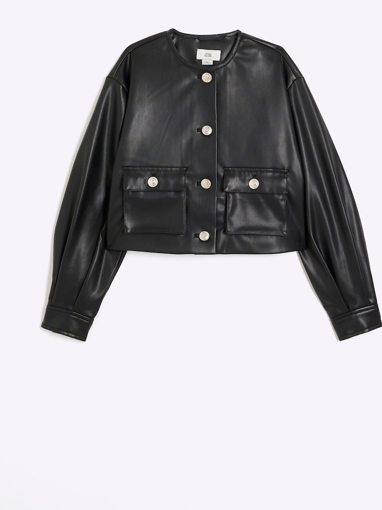 River Island Black Girls Faux Leather Boxy Jacket - Image 1 of 3 River Island Black Girls Faux Leather Boxy Jacket - Image 1 of 3