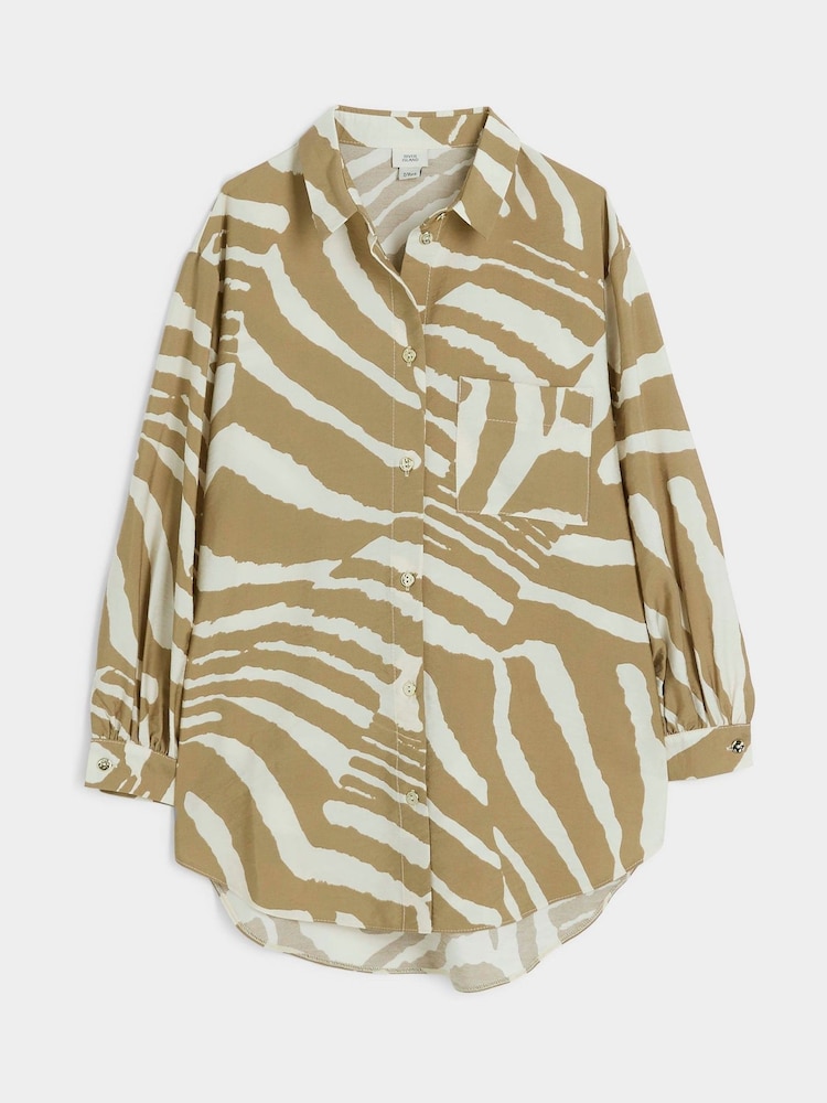 River Island Beige Girls Cropped Zebra Print 100% Cotton Shirt - Image 1 of 4