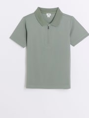 River Island Green Boys Smart Twill Zip 100% Cotton Polo Shirt - Image 1 of 3