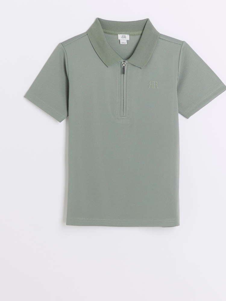 River Island Green Boys Smart Twill Zip 100% Cotton Polo Shirt - Image 1 of 3 River Island Green Boys Smart Twill Zip 100% Cotton Polo Shirt - Image 1 of 3