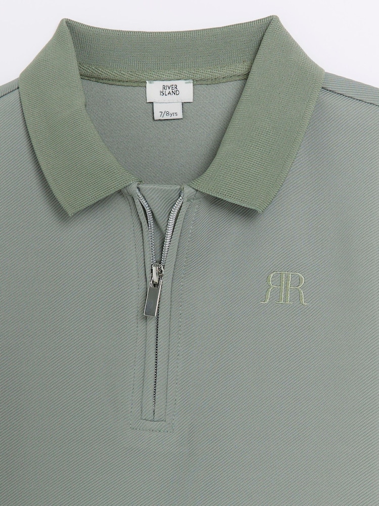 River Island Green Boys Smart Twill Zip 100% Cotton Polo Shirt - Image 2 of 3 River Island Green Boys Smart Twill Zip 100% Cotton Polo Shirt - Image 2 of 3