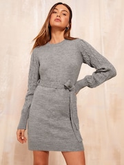 Friends Like These Grey Petite Tie Waist Cable Sleeve Mini Dress - Image 1 of 4