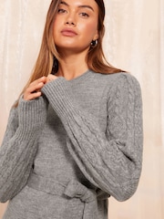 Friends Like These Grey Petite Tie Waist Cable Sleeve Mini Dress - Image 2 of 4