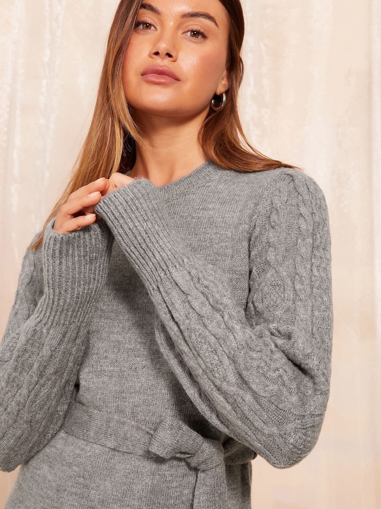 Friends Like These Grey Petite Tie Waist Cable Sleeve Mini Dress - Image 2 of 4