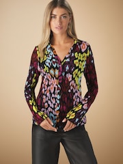 Lepoard Print Pleated Long Sleeve Fitted Shirt - Image 1 of 7