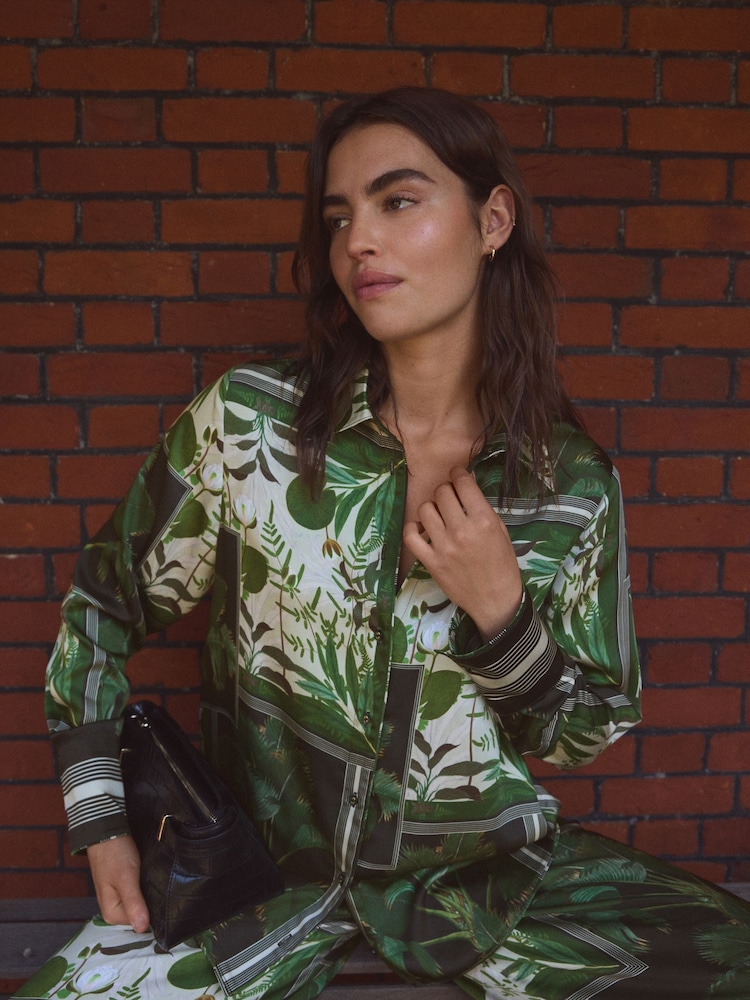 Kew Collection Black/Green Palm Print Satin Long Sleeve Shirt - Image 1 of 8
