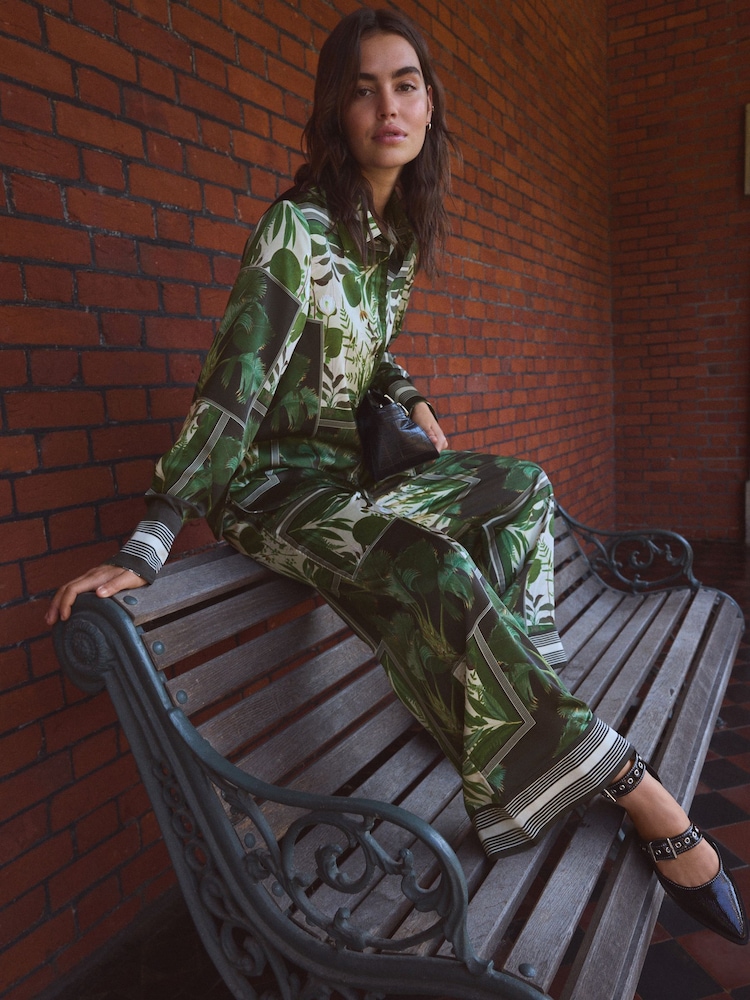 Kew Collection Black/Green Palm Print Satin Long Sleeve Shirt - Image 2 of 8