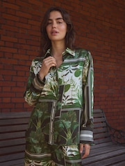 Kew Collection Black/Green Palm Print Satin Long Sleeve Shirt - Image 3 of 8