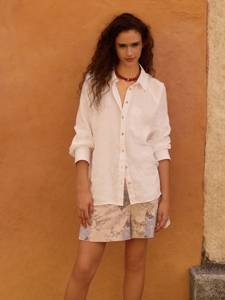 White 100% Linen Button Down Relaxed Long Sleeve Shirt - Image 2 of 9