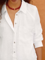 White 100% Linen Button Down Relaxed Long Sleeve Shirt - Image 5 of 9