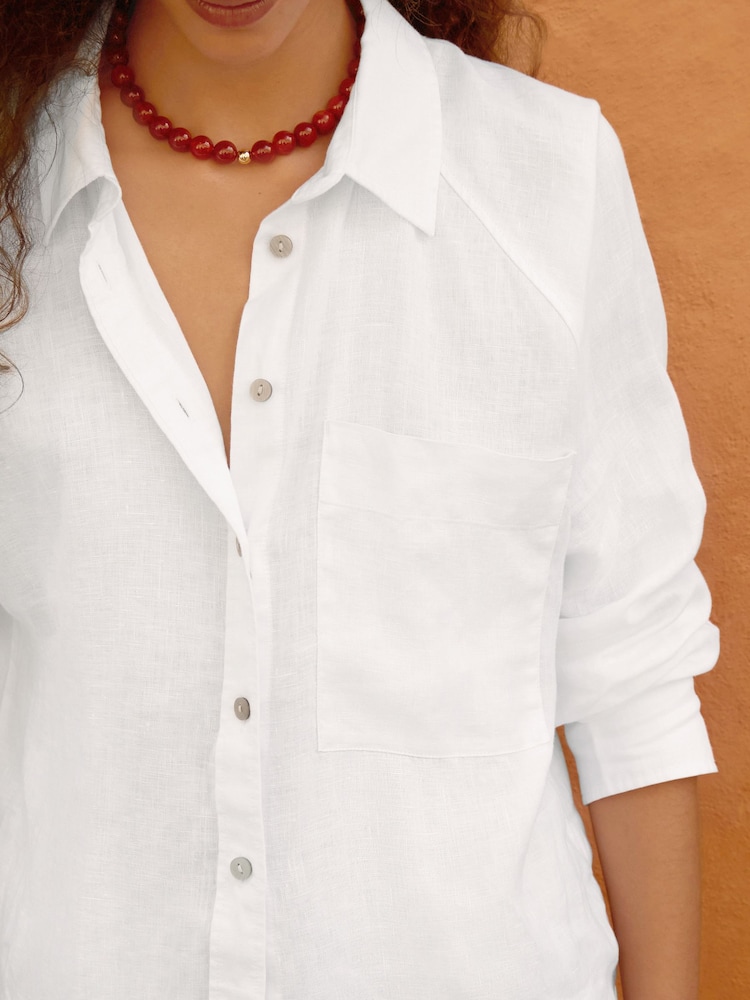 White 100% Linen Button Down Relaxed Long Sleeve Shirt - Image 5 of 9
