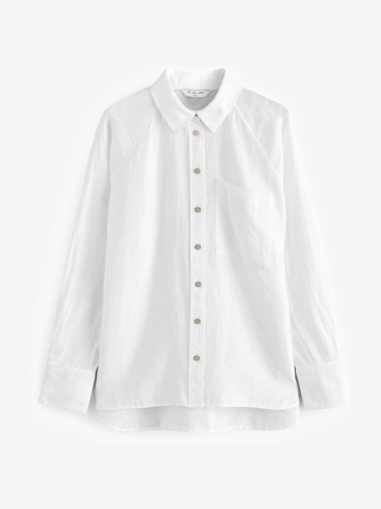 White 100% Linen Button Down Relaxed Long Sleeve Shirt - Image 6 of 9