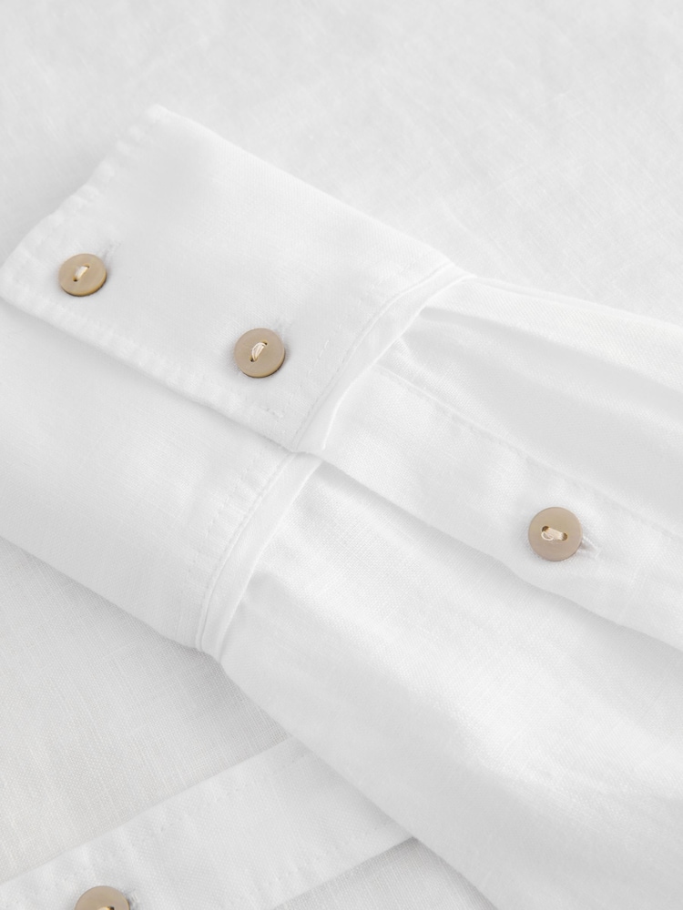 White 100% Linen Button Down Relaxed Long Sleeve Shirt - Image 8 of 9