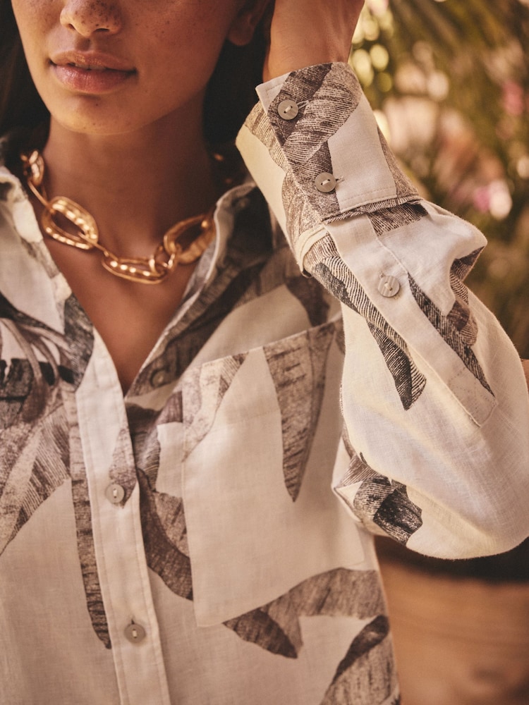 Kew Collection Ecru Palm Print 100% Linen Button Down Relaxed Long Sleeve Shirt - Image 4 of 9