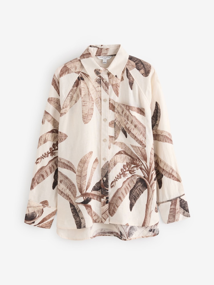 Kew Collection Ecru Palm Print 100% Linen Button Down Relaxed Long Sleeve Shirt - Image 6 of 9