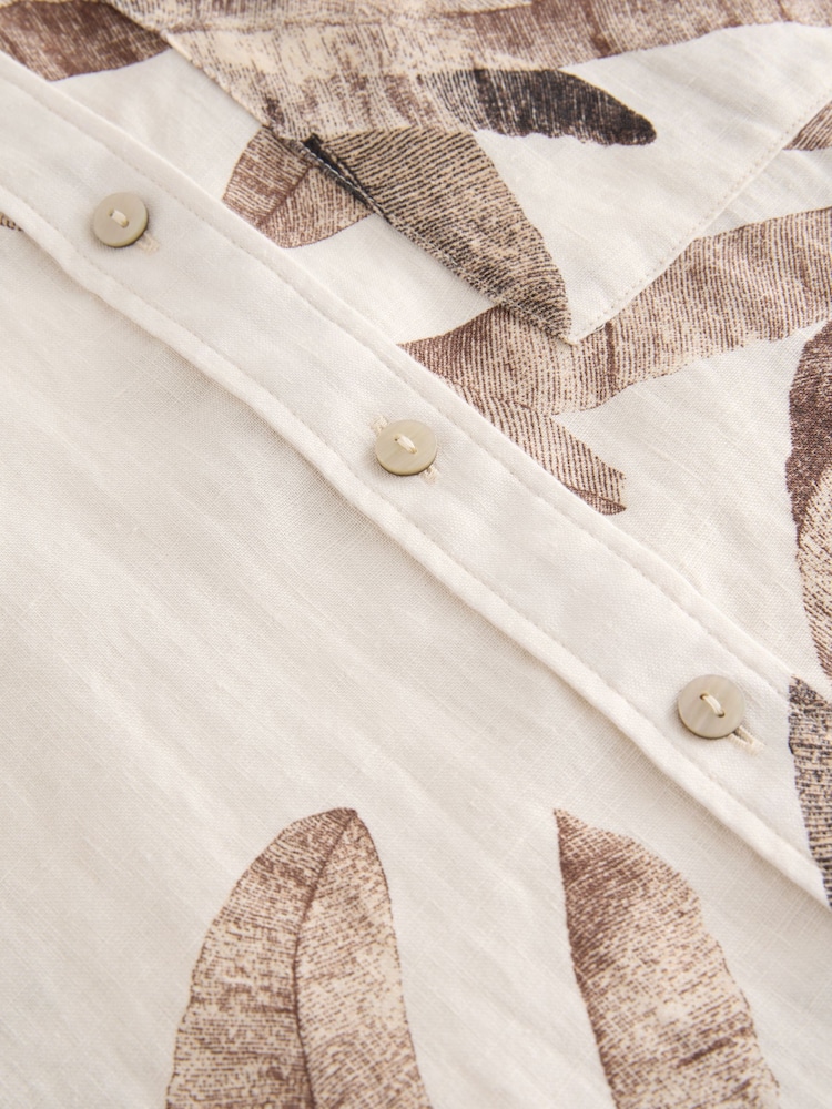 Kew Collection Ecru Palm Print 100% Linen Button Down Relaxed Long Sleeve Shirt - Image 7 of 9