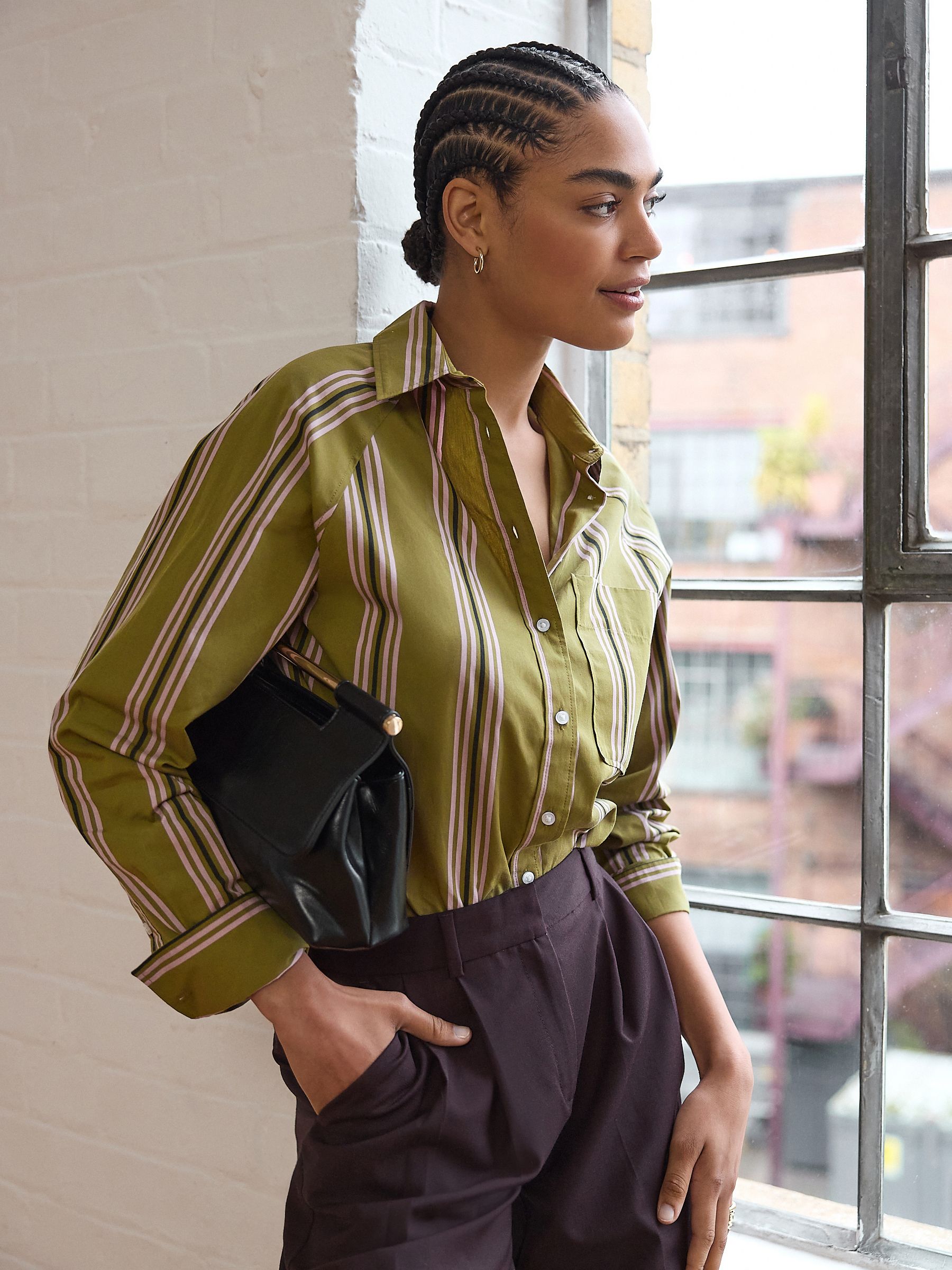 Buy Olive Green Stripe Girlfriend Oversized Long Sleeve 100 Buy Olive Green Stripe Girlfriend Oversized Long Sleeve 100