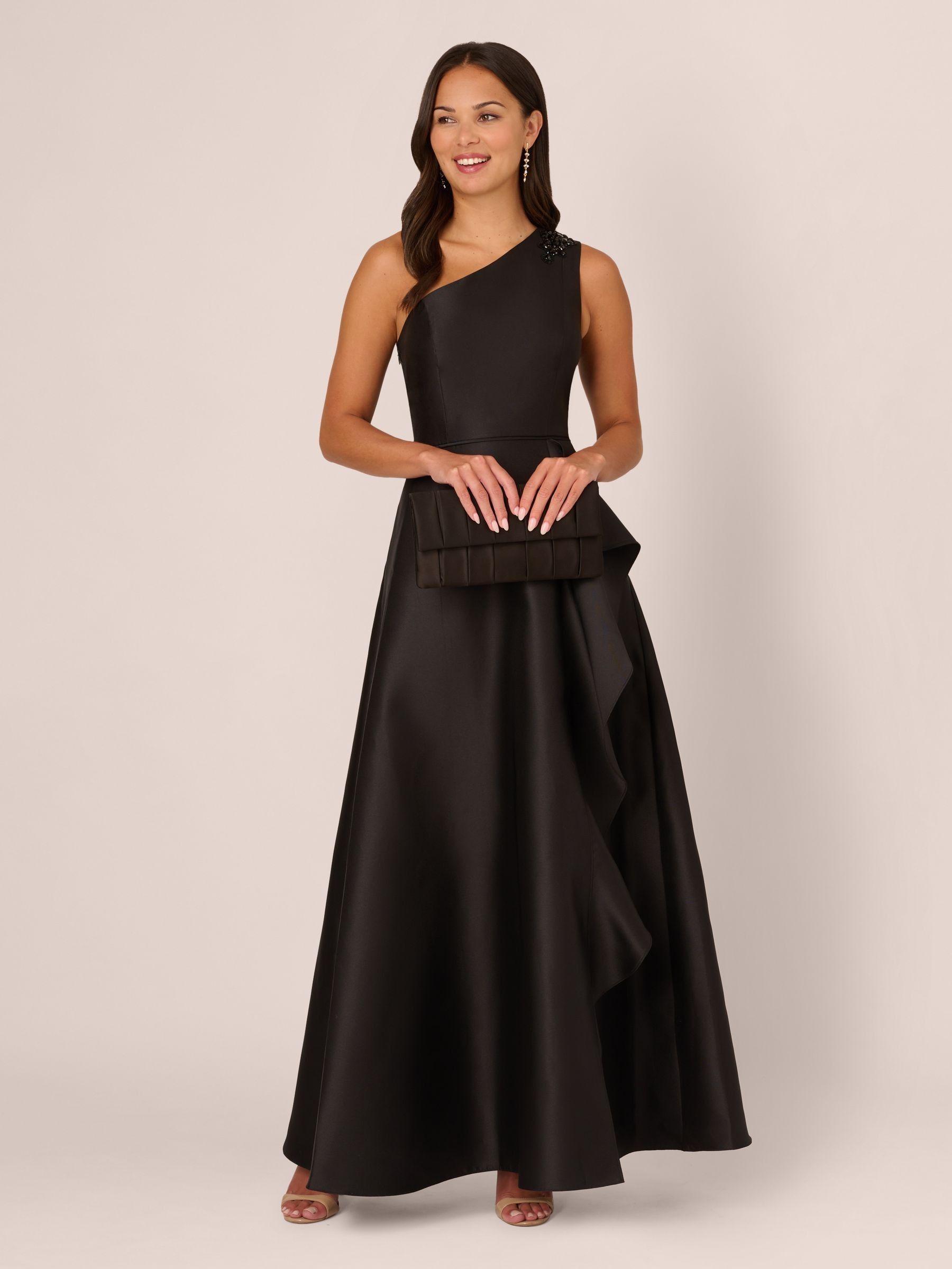 adrianna papell black one shoulder dress Black One Shoulder Midi Dress With Bow Accent