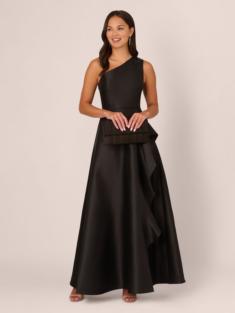 Adrianna Papell Studio One Shoulder Mikado Black Gown - Image 4 of 7