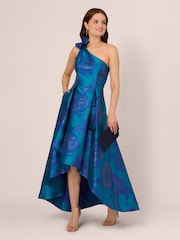 Adrianna Papell Blue Floral Jacquard High Low Dress - Image 3 of 7
