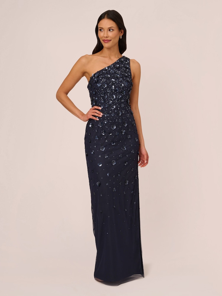 Adrianna Papell Blue One Shoulder Bead Long Dress - Image 1 of 7
