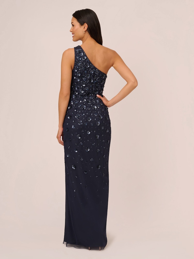 Adrianna Papell Blue One Shoulder Bead Long Dress - Image 2 of 7