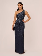 Adrianna Papell Blue One Shoulder Bead Long Dress - Image 3 of 7