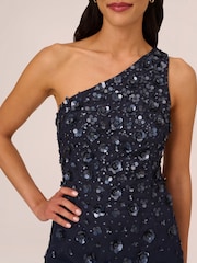 Adrianna Papell Blue One Shoulder Bead Long Dress - Image 5 of 7