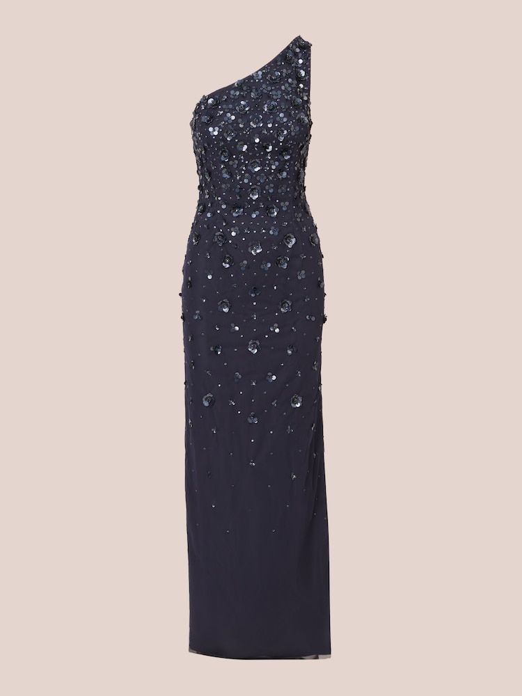 Adrianna Papell Blue One Shoulder Bead Long Dress - Image 6 of 7