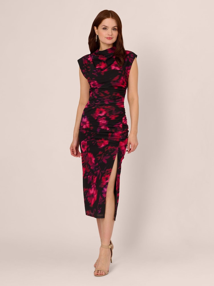 Adrianna Papell Print Mesh Black Dress - Image 1 of 7