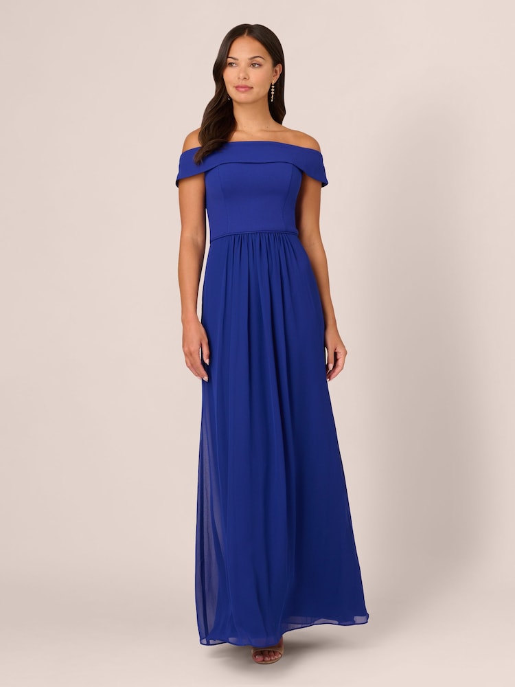 Adrianna Papell Blue Crepe Chiffon Gown - Image 1 of 7 Adrianna Papell Blue Crepe Chiffon Gown - Image 1 of 7