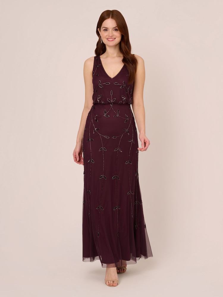 Adrianna Papell Studio Red Beaded Blouson Long Dress - Image 1 of 7