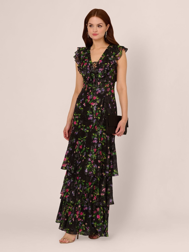 Adrianna Papell Flutter Tiered Chiffon Black Gown - Image 3 of 7