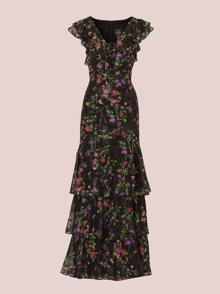 Adrianna Papell Flutter Tiered Chiffon Black Gown - Image 6 of 7