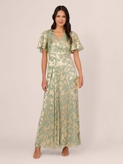 Adrianna Papell Green Foil Leaf Draped Gown - Image 3 of 6