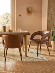 Set of 2 Distressed Faux Leather Tan Brown Orton Oak Effect Leg Dining Chairs - Image 1 of 9