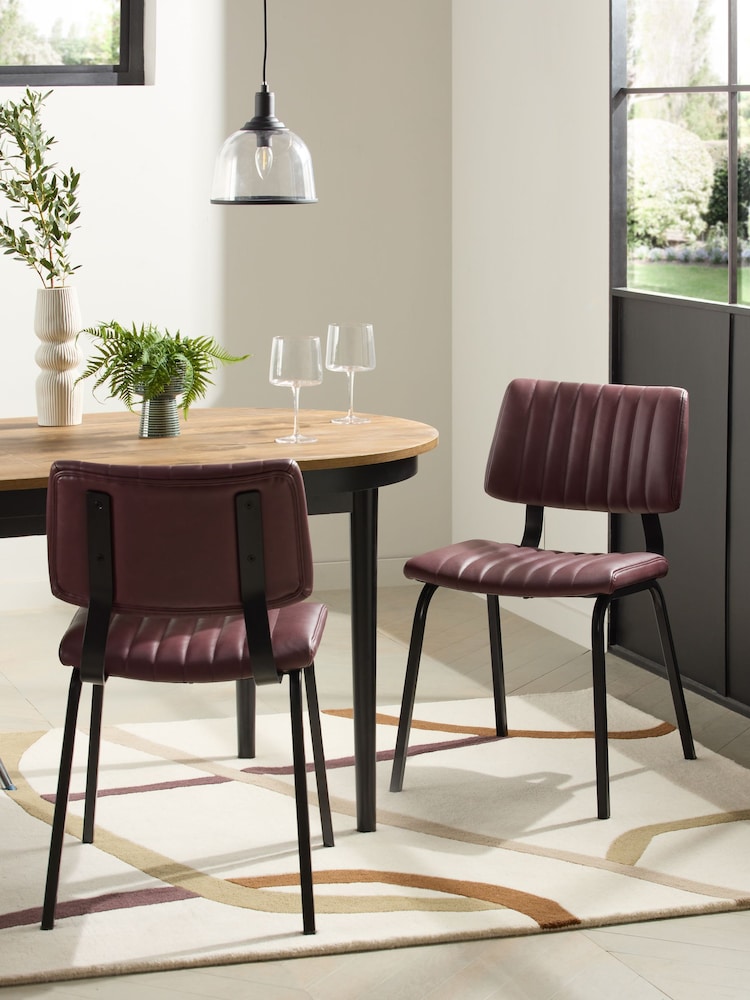 Set of 2 Distressed Faux Leather Wine Aiden Black Leg Dining Chairs - Image 1 of 8 Set of 2 Distressed Faux Leather Wine Aiden Black Leg Dining Chairs - Image 1 of 8