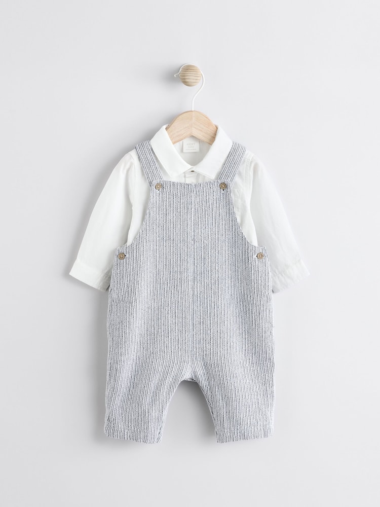 Grey/White Baby Woven 100% Cotton Dungaree and Bodysuit Set (0mths-3yrs) - Image 1 of 11