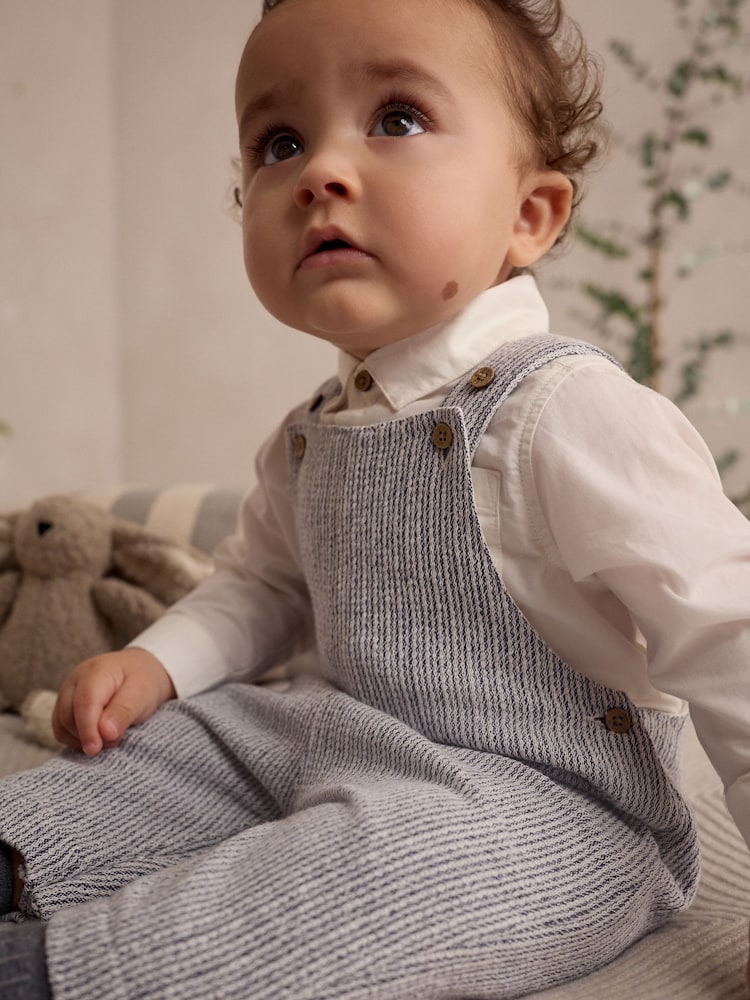 Grey/White Baby Woven 100% Cotton Dungaree and Bodysuit Set (0mths-3yrs) - Image 2 of 11