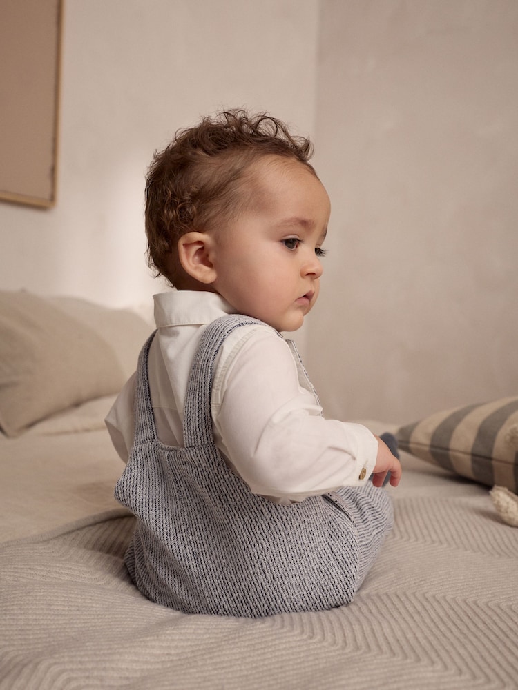 Grey/White Baby Woven 100% Cotton Dungaree and Bodysuit Set (0mths-3yrs) - Image 3 of 11