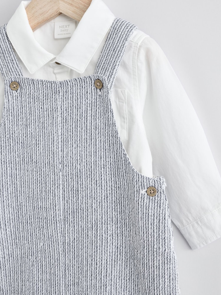 Grey/White Baby Woven 100% Cotton Dungaree and Bodysuit Set (0mths-3yrs) - Image 8 of 11