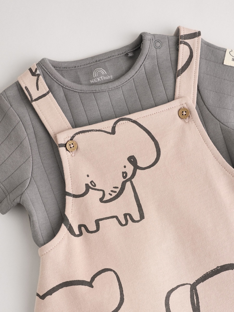 Mono Elephant Jersey 100% Cotton Dungaree and Bodysuit Baby Set (0mths-2yrs) - Image 6 of 9