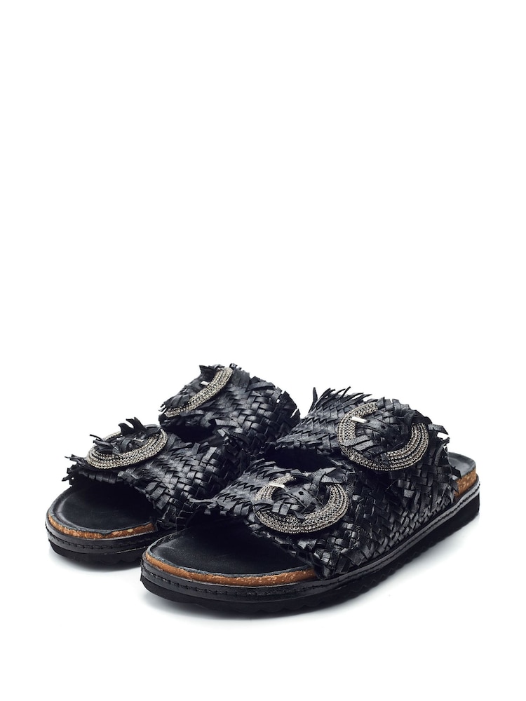 Moda in Pelle Olisia Glitz Buckle Weave Footbed Black Sandals - Image 1 of 4