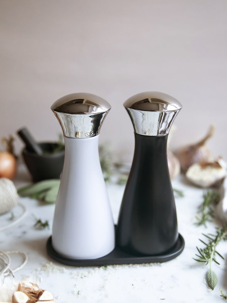 Robert Welch Black and White Signature Salt & Pepper Mills on Tray Set - Image 1 of 4
