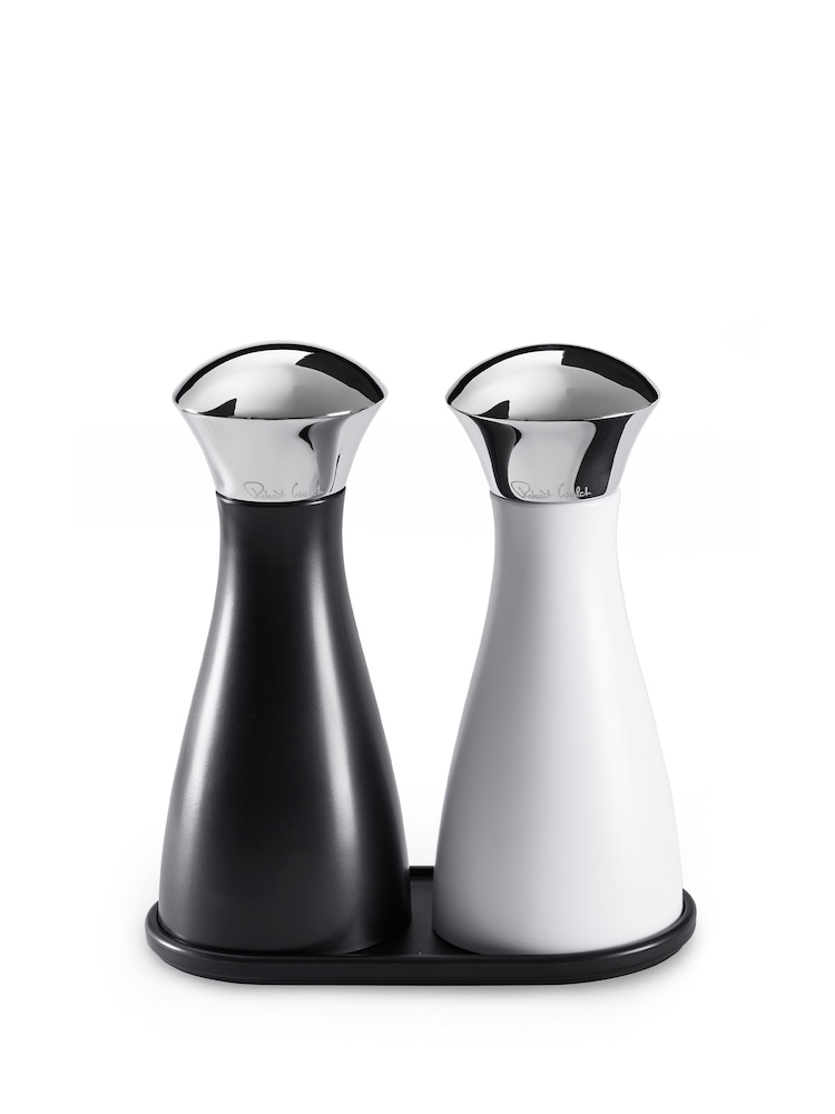 Robert Welch Black and White Signature Salt & Pepper Mills on Tray Set - Image 3 of 4