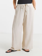 Simply Be Natural Tie Waist Linen Wide Leg Trousers - Image 1 of 4