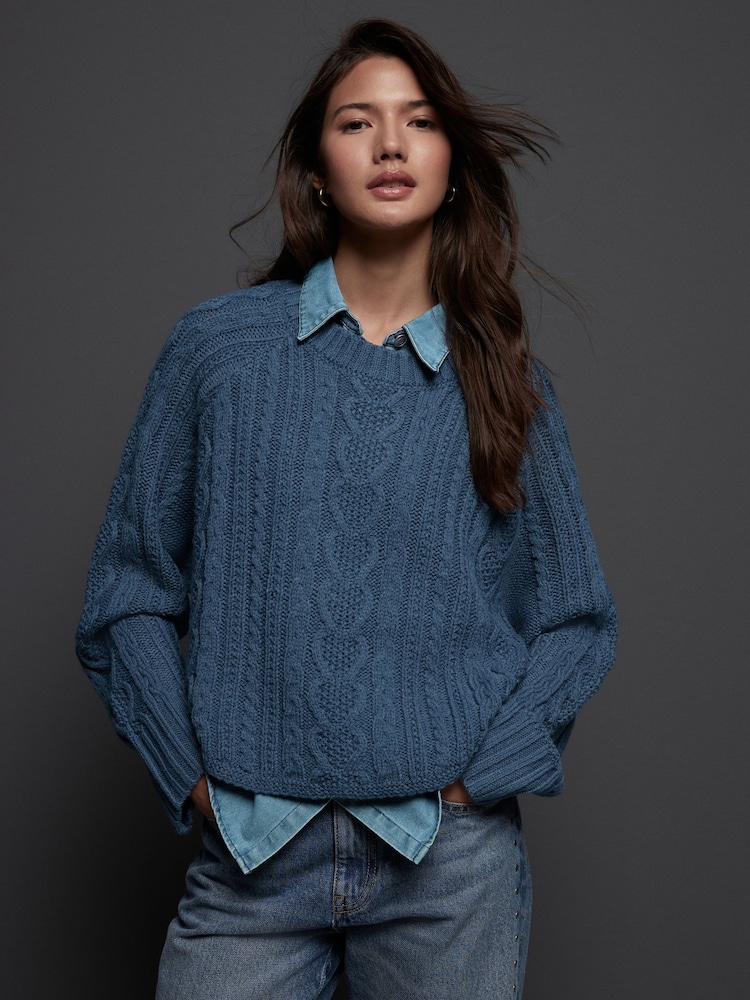 Blue Chambray Denim Shirt Layer Cable Knitted Jumper - Image 1 of 7