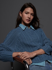 Blue Chambray Denim Shirt Layer Cable Knitted Jumper - Image 3 of 7