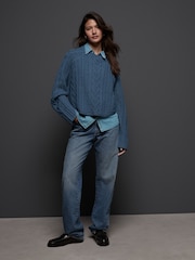 Blue Chambray Denim Shirt Layer Cable Knitted Jumper - Image 4 of 7